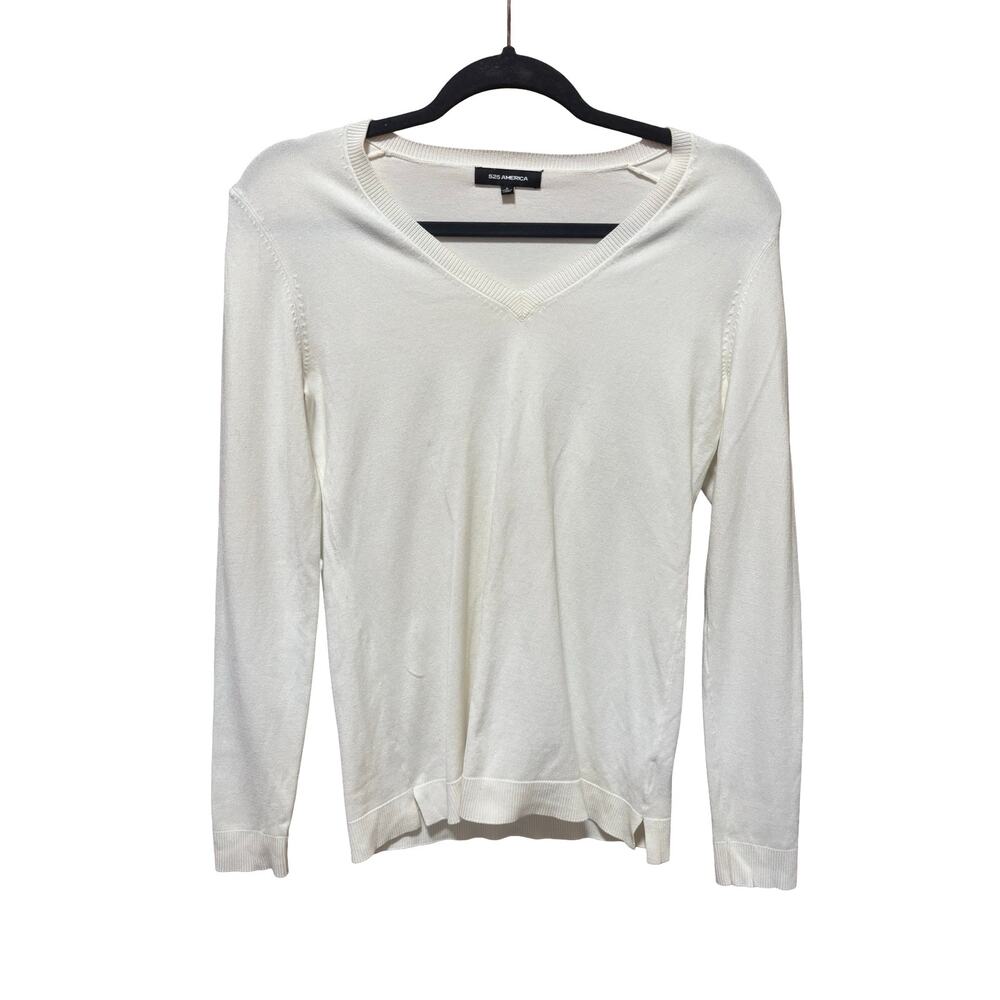 525 America White Lightweight V-Neck Knit Sweater | Layering Pullover | Size S
